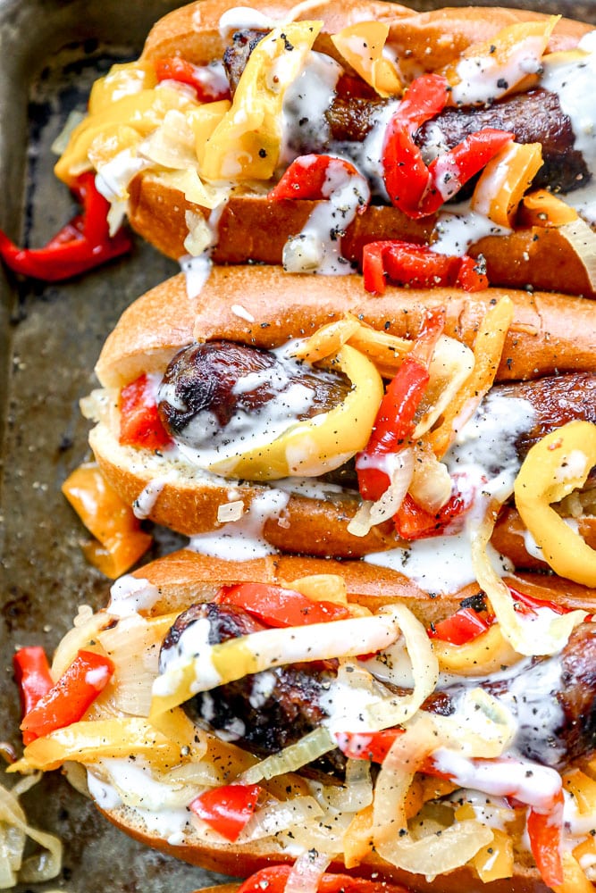 Brats with Peppers and Onions